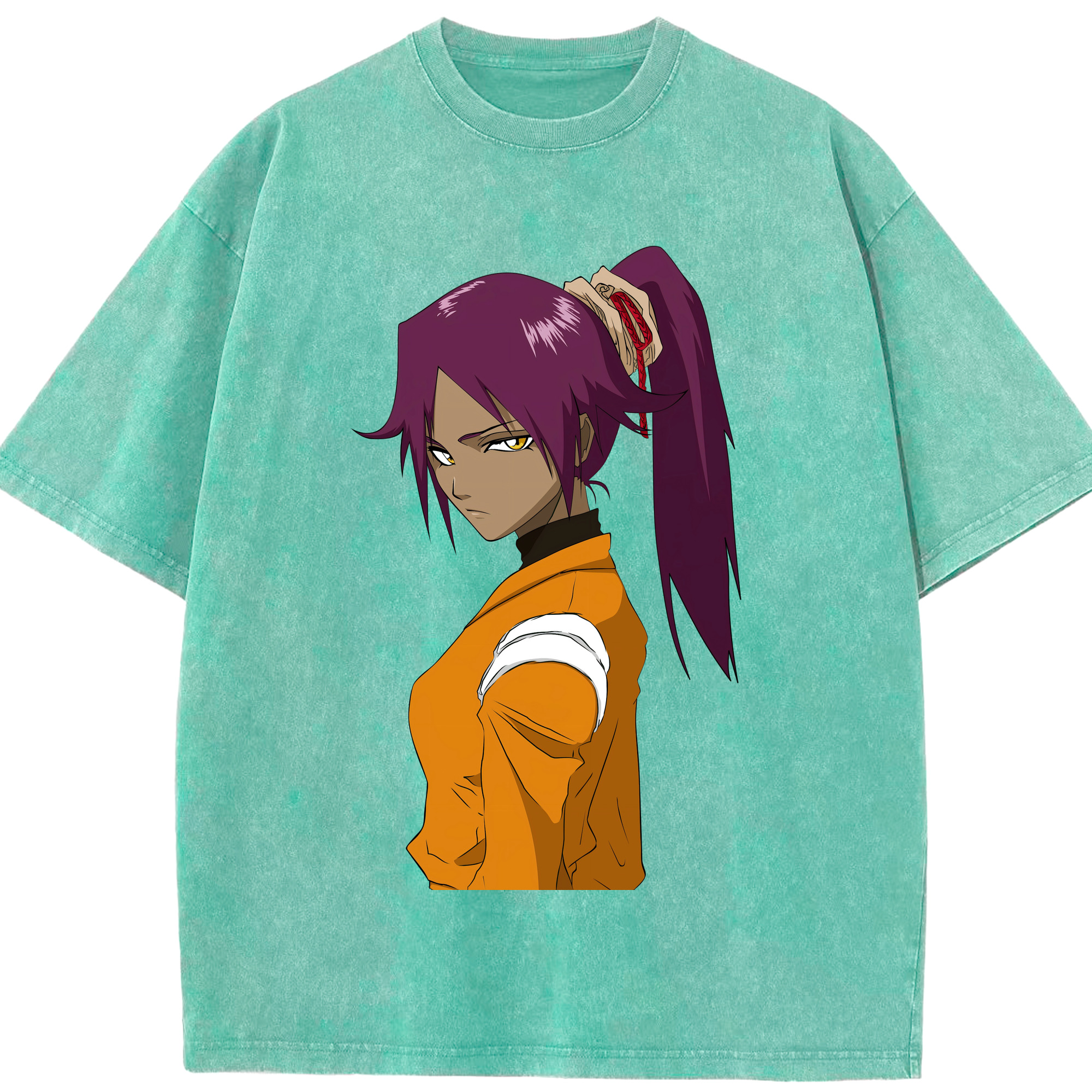 （画像用） ブリーチ 四楓院 夜一（しほういん よるいち） BLEACH Shihouin Yoruichi 綿100% ヴィンテージ風 半袖Tシャツ（フロントプリント）